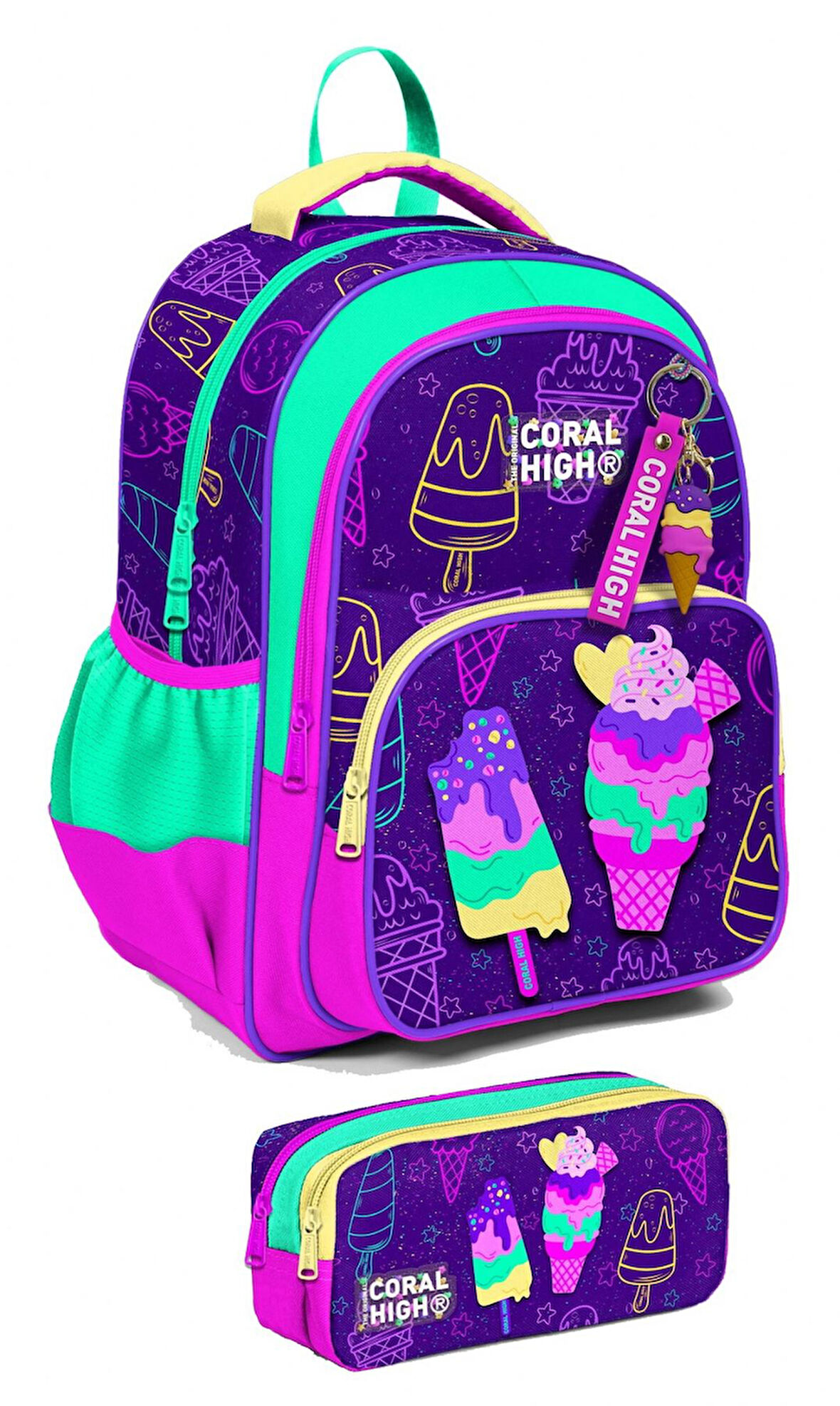Coral High İlkokul Sırt Çantası ve Kalemlik Seti - Kız Çocuk - Mor Pembe Dondurma