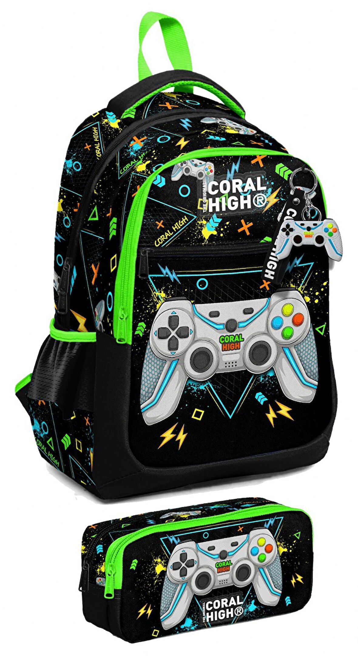 Coral High İlkokul Sırt Çantası ve Kalemlik Seti - Erkek Çocuk - Siyah Fosforlu Yeşil Gamer