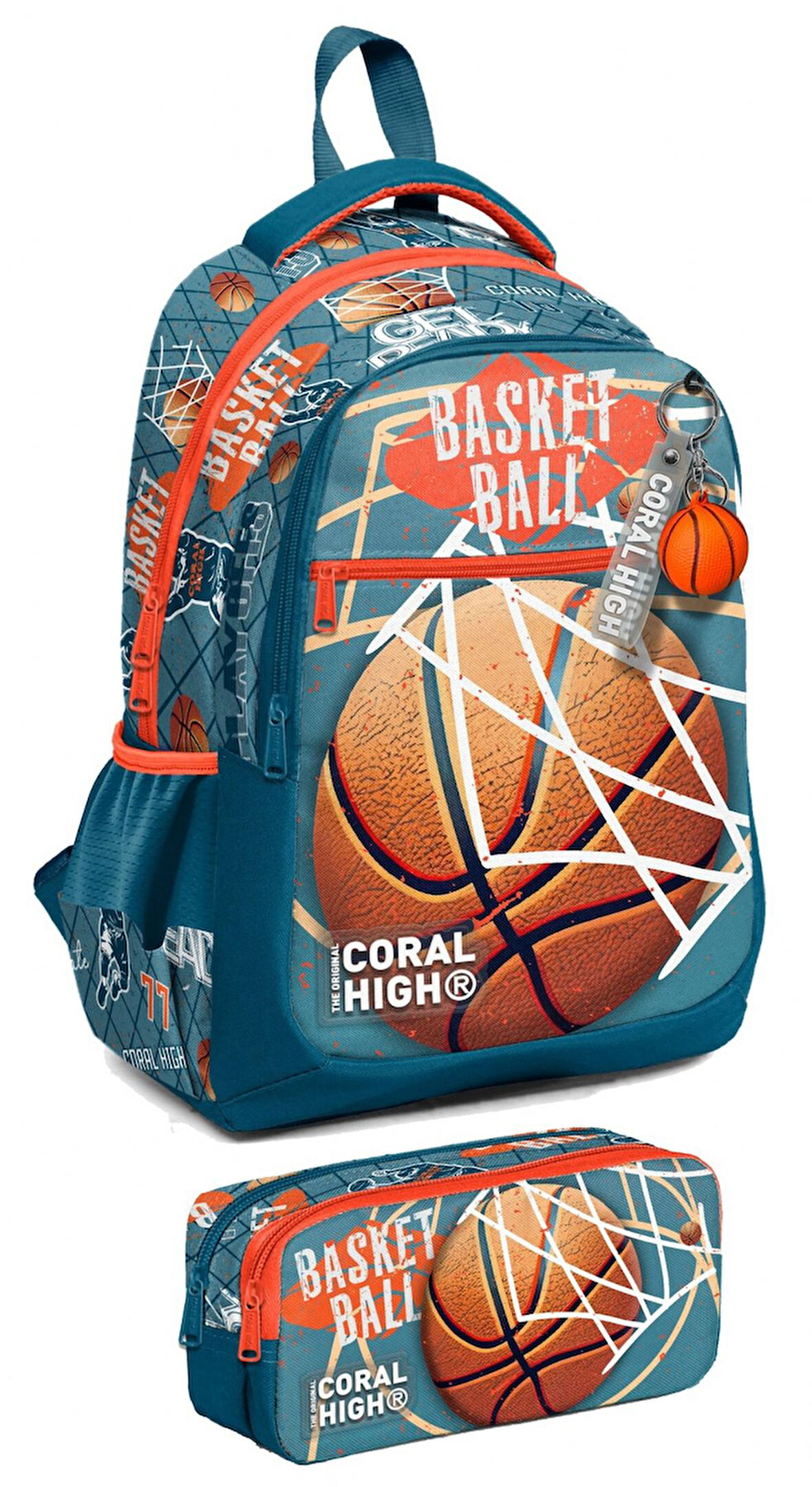 Coral High İlkokul Sırt Çantası ve Kalemlik Seti - Erkek Çocuk - Nefti Turuncu Basketbol