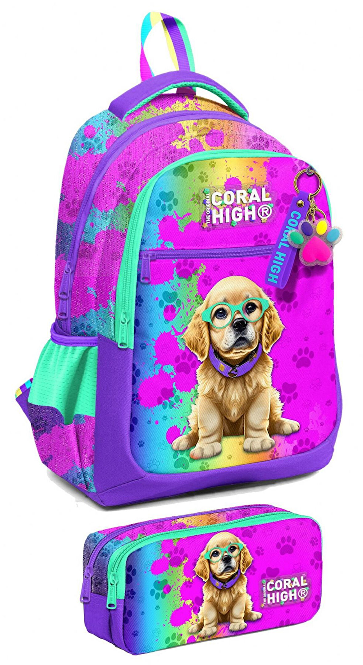 Coral High İlkokul Sırt Çantası ve Kalemlik Seti - Kız Çocuk - Mor Pembe Köpek