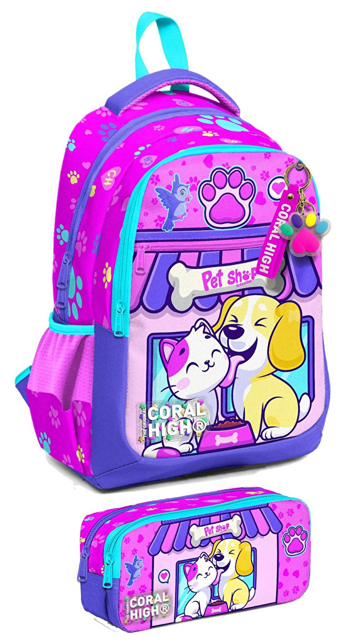 Coral High İlkokul Sırt Çantası ve Kalemlik Seti - Kız Çocuk - Kedi Köpek