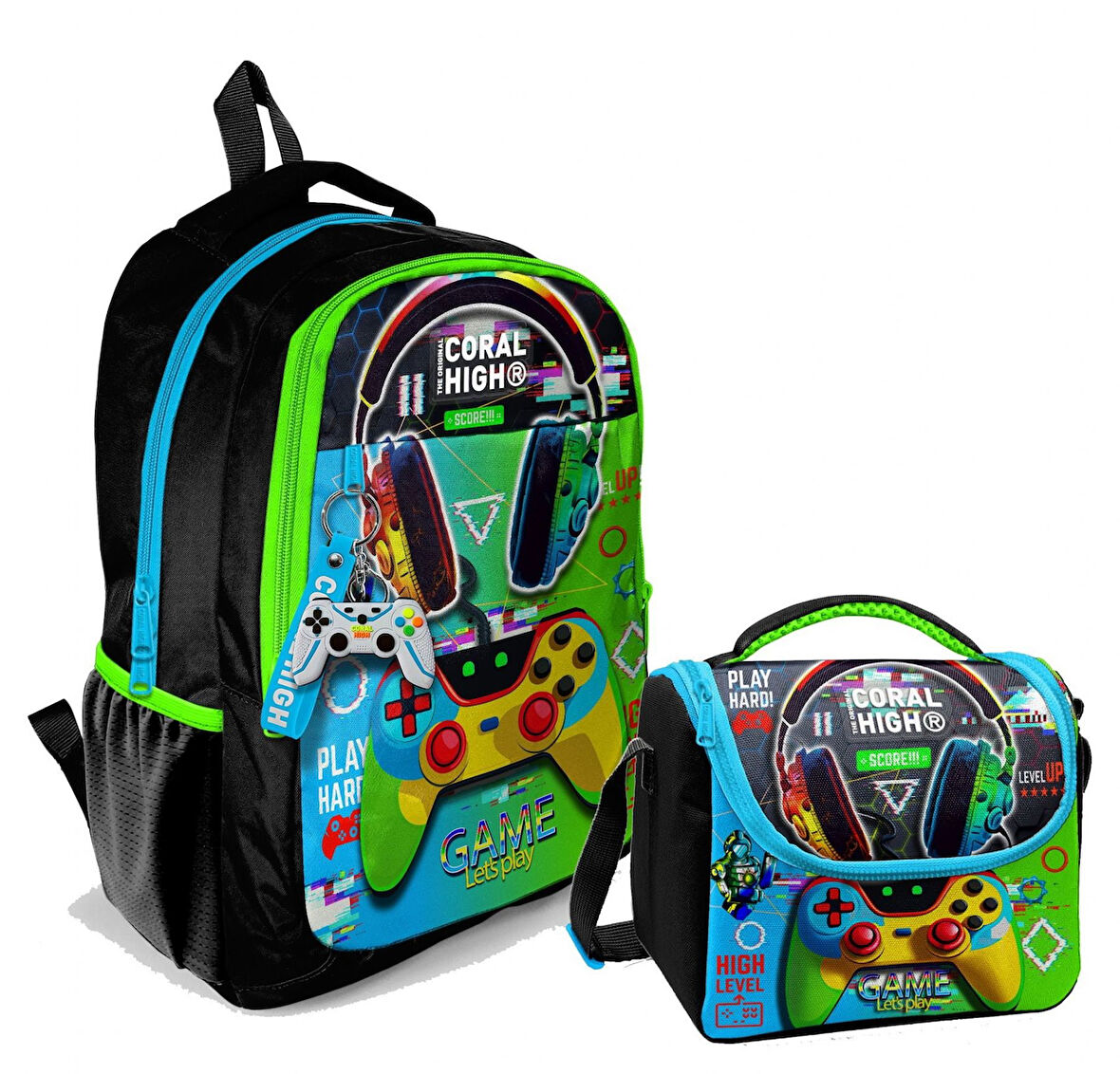 Coral High Erkek Çocuk Üç Gözlü İlkokul ve Ortaokul Sırt Çantası+Beslenme - Kulaklık Game