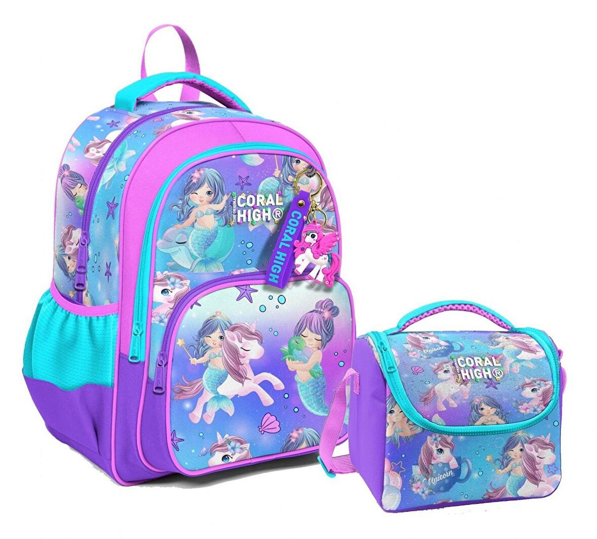 Coral High Üç Gözlü İlkokul Çantası ve Beslenme Çantası - Mor Pembe Unicorn Desenli - Kız Çocuk