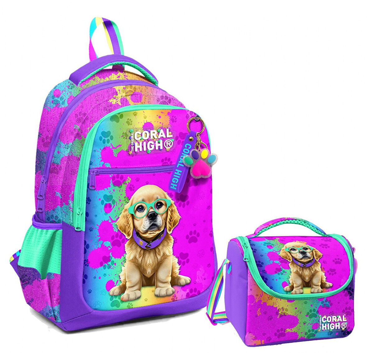 Coral High Üç Gözlü İlkokul Çantası ve Beslenme Çantası - Mor Pembe Köpek Desenli - Kız Çocuk