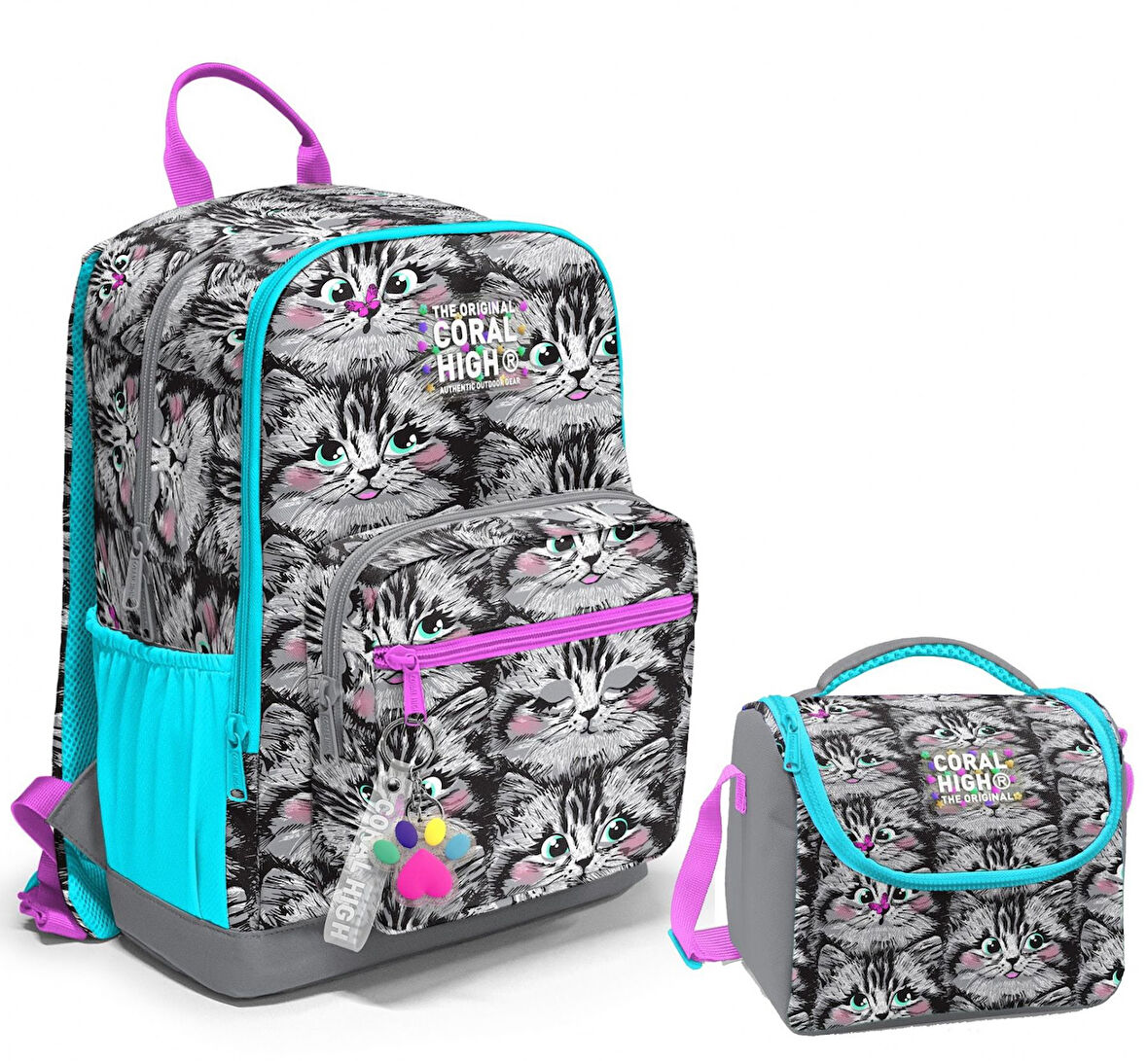 Coral High Dört Bölmeli Ortaokul Çantası ve Beslenme Çantası Seti - Gri Kedi - Kız Çocuk