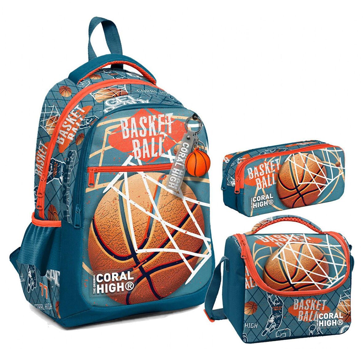 Coral High Erkek Çocuk Üç Gözlü İlkokul Çanta Seti - Nefti Turuncu Basketbol Desenli