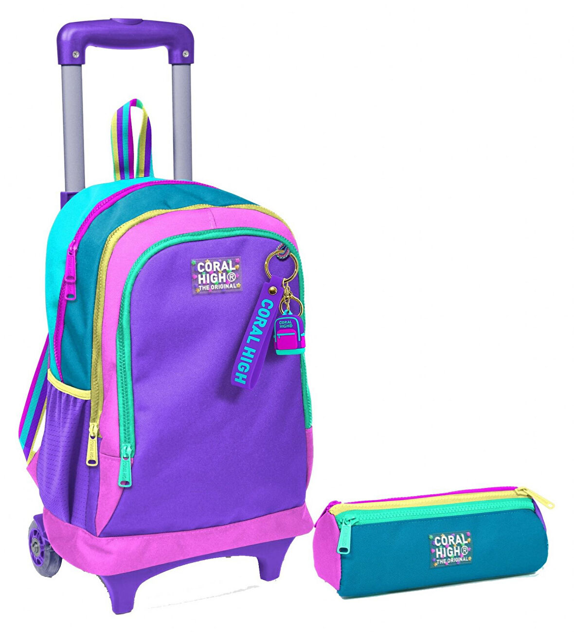 Coral High Pembe Pastel Renkli Işıklı Tekerlekli Çekçek Çanta ve Kalemlik Seti - Kız Çocuk