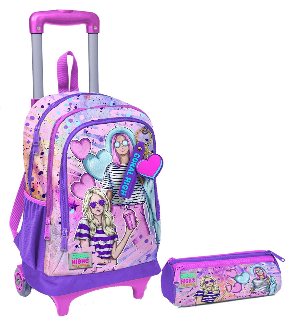 Coral High Pembe Mor Fashion Girl Işıklı Tekerlekli Çekçek Çanta ve Kalemlik Seti - Kız Çocuk