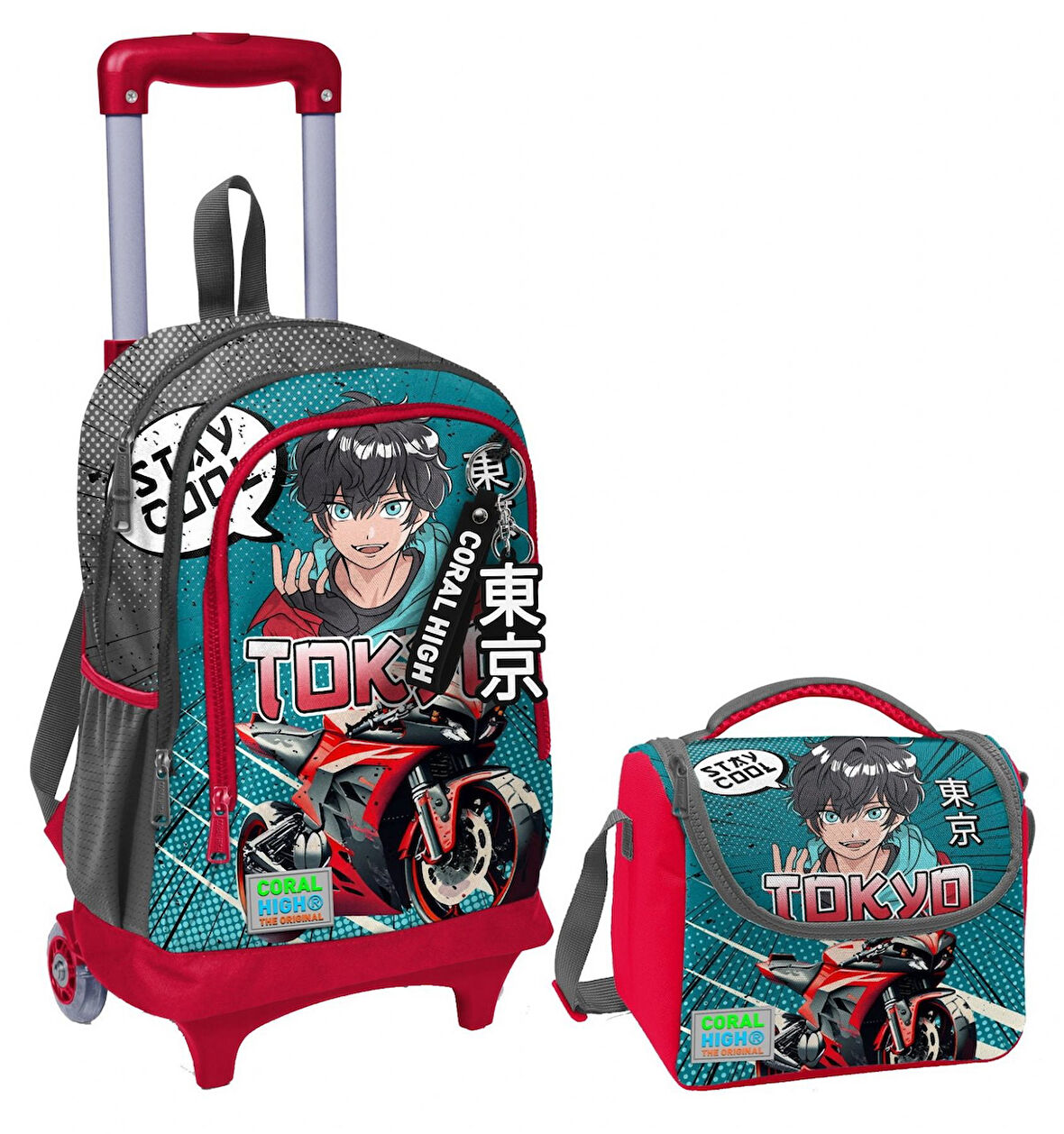 Coral High Gri Nefti Anime Motorsiklet Işıklı Tekerlekli Okul Çantası ve Beslenme Seti - Erkek Çocuk