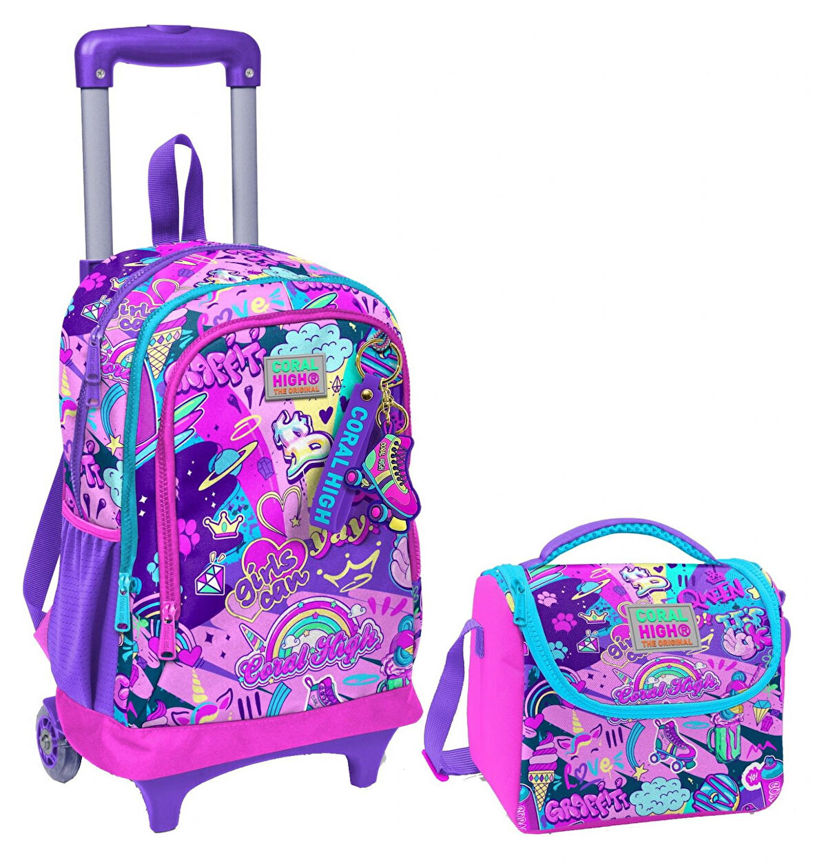 Coral High Grafiti Işıklı Tekerlekli Okul Çantası ve Beslenme Seti - Kız Çocuk