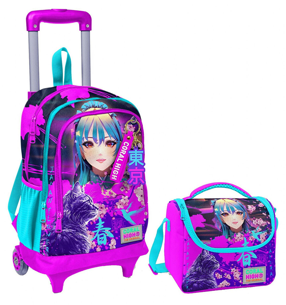 Coral High Mor Pembe Anime Kedi Işıklı Tekerlekli Okul Çantası ve Beslenme Seti - Kız Çocuk