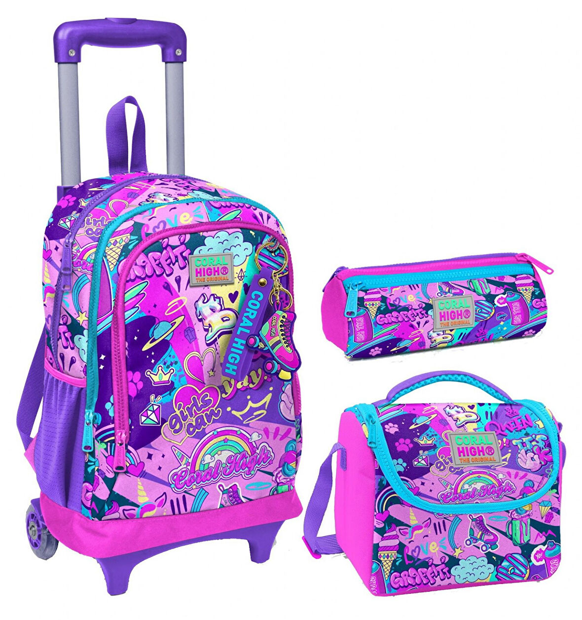 Coral High Grafiti Üçlü Çekçek Işıklı Tekerlekli Çanta Seti - Kız Çocuk