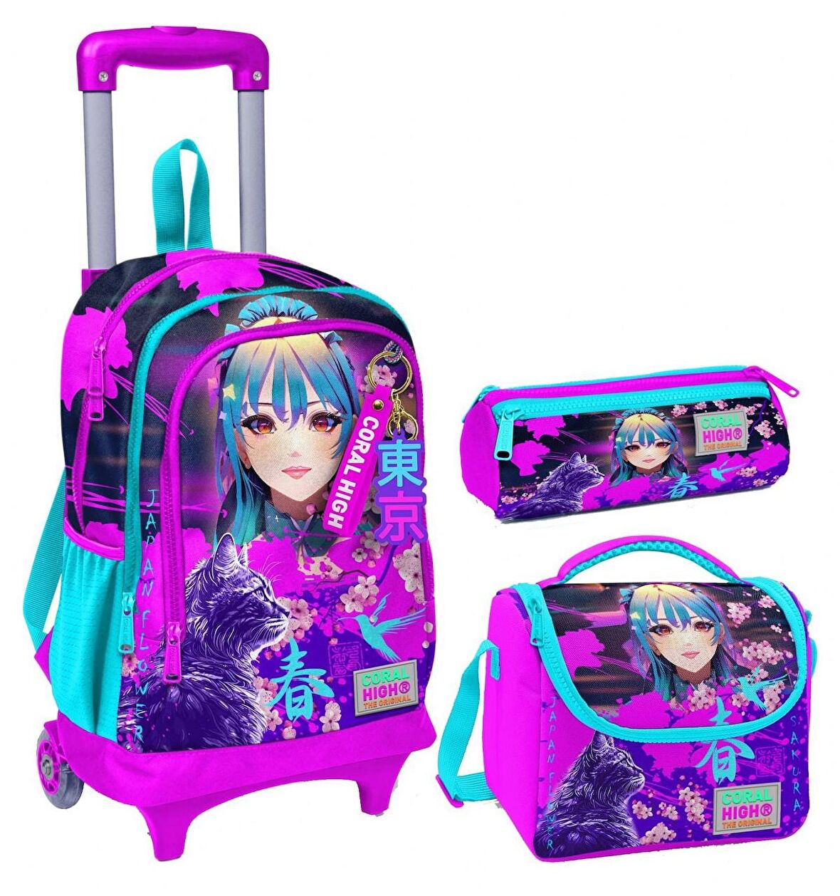Coral High Mor Pembe Anime Kedi Üçlü Çekçek Işıklı Tekerlekli Çanta Seti - Kız Çocuk