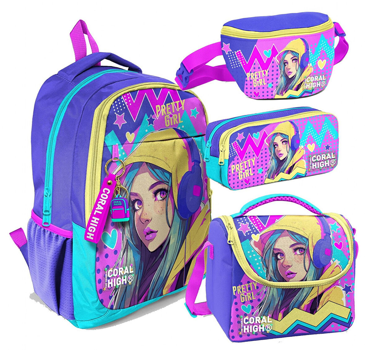 Coral High Lavanta Turkuaz Kulaklıklı Kız Desenli Kız Çocuk Dörtlü Okul Çanta Seti - İlkokul ve Ortaokul İçin Uygun