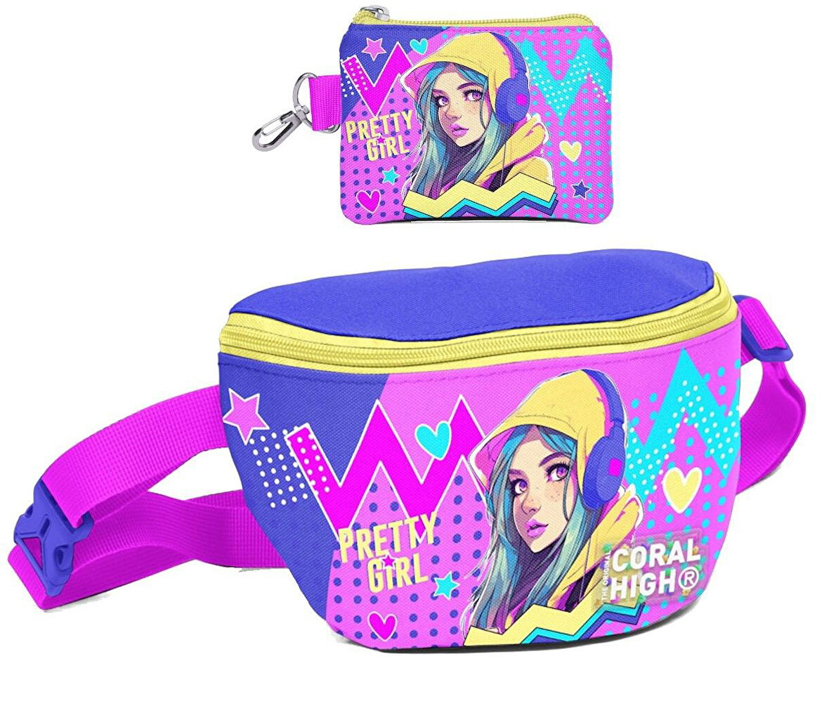 Coral High Kız Çocuk Lavanta Turkuaz Kulaklıklı Kız Desenli Bel Çantası ve Bozuk Para Cüzdanı Set