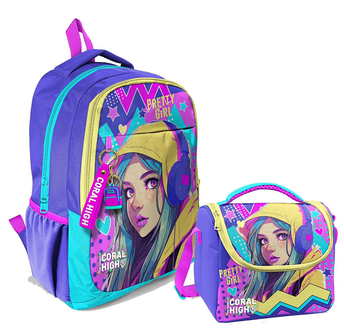 Coral High Kız Çocuk Üç Gözlü İlkokul ve Ortaokul Sırt Çantası+Beslenme - Lavanta Turkuaz Kulaklıklı Kız