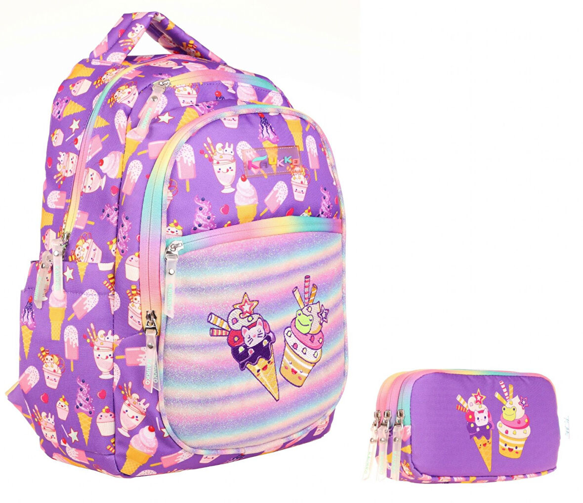 Kaukko Simli Nakışlı Dondurma Mor Okul Sırt Çantası ve Kalemlik Seti - Kız Çocuk