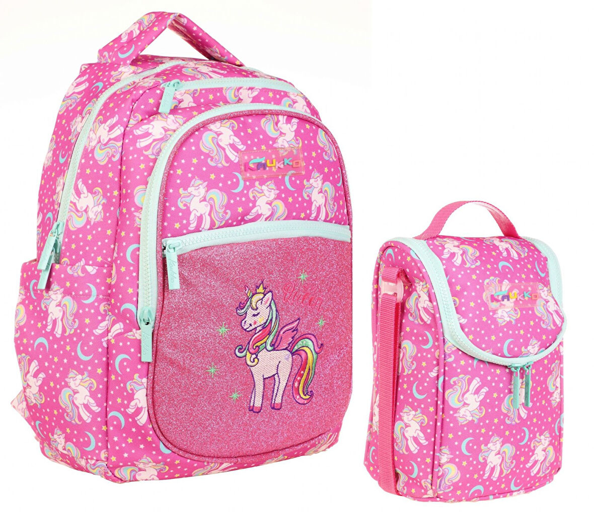 Kaukko İlkokul Sırt Çantası ve Beslenme Çantası Seti - Simli Nakışlı Unicorn Pembe - Kız Çocuk