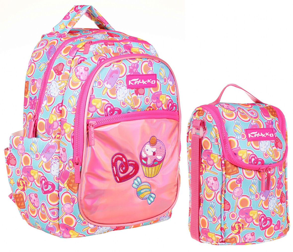 Kaukko İlkokul Sırt Çantası ve Beslenme Çantası Seti - Aynalı Nakışlı Cupcake Pembe - Kız Çocuk