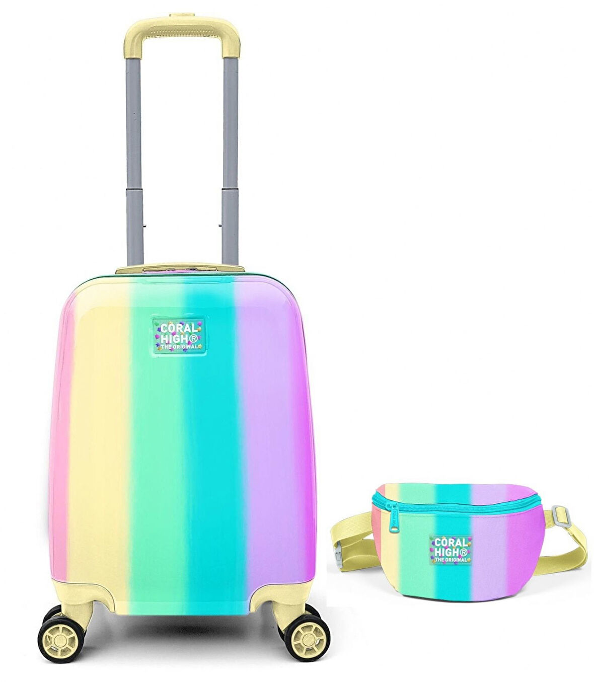 Coral High Sarı Yeşil Pembe Valiz Seti - Kız Çocuk Seyahat ve Tatil - Çocuk Valizi ve Bel Çantası Seti