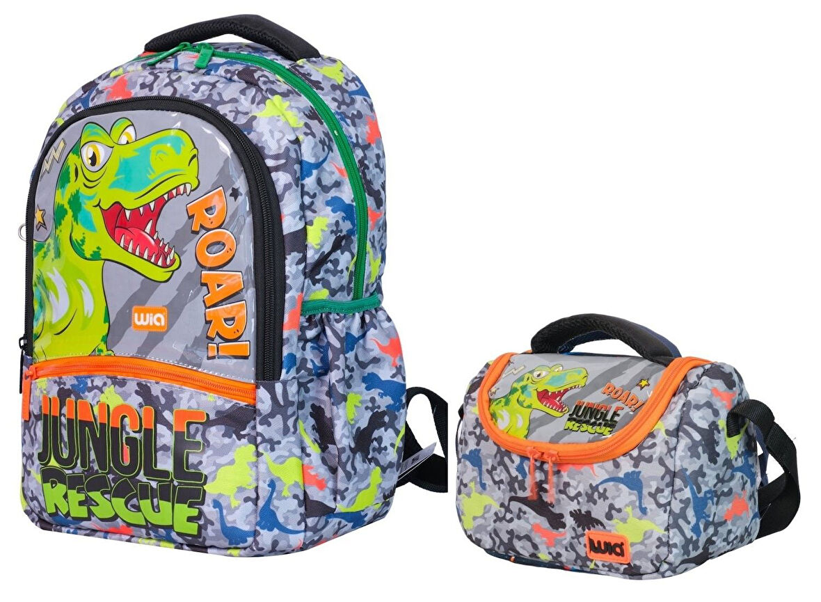 Wia Dinazor Baskılı Erkek Çocuk Okul Sırt Çantası ve Isı Yalıtımlı Beslenme Çantası Seti - Yeşil