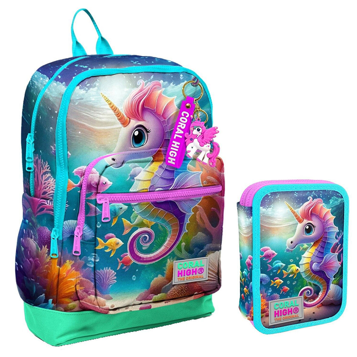Coral High Su Yeşili Denizatı Kız Çocuk Okul Çantası ve Organizer Kalemlik Seti 23772 11144