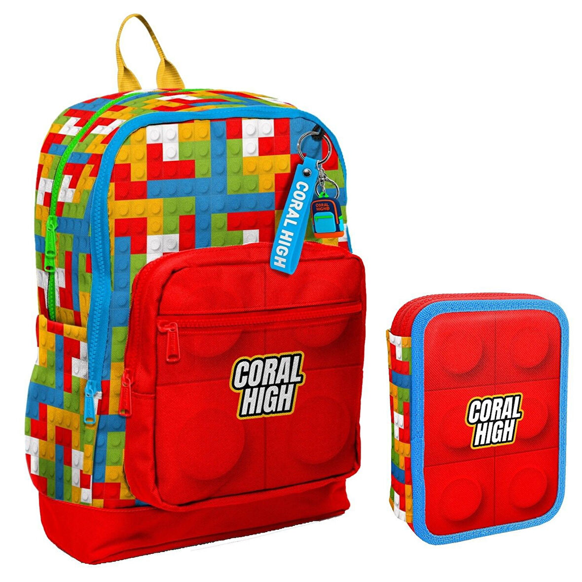 Coral High Kırmızı Yapı Blokları Erkek Çocuk Okul Çantası ve Organizer Kalemlik Seti 23775 11157