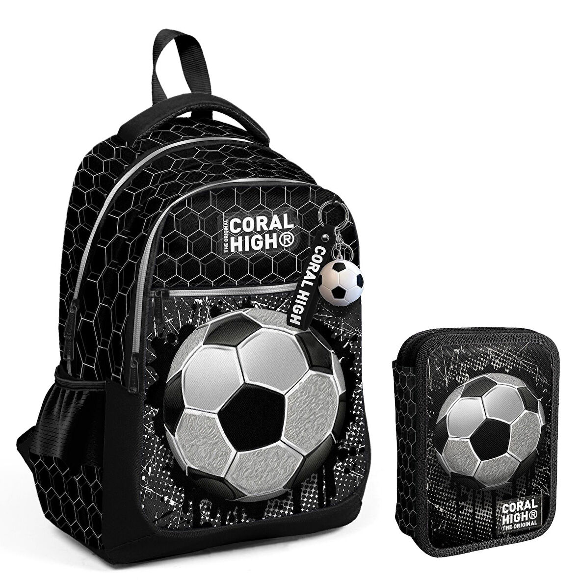 Coral High Siyah Beyaz Futbol Baskılı Erkek Çocuk Okul Çantası ve Organizer Kalemlik Seti 23653+11153