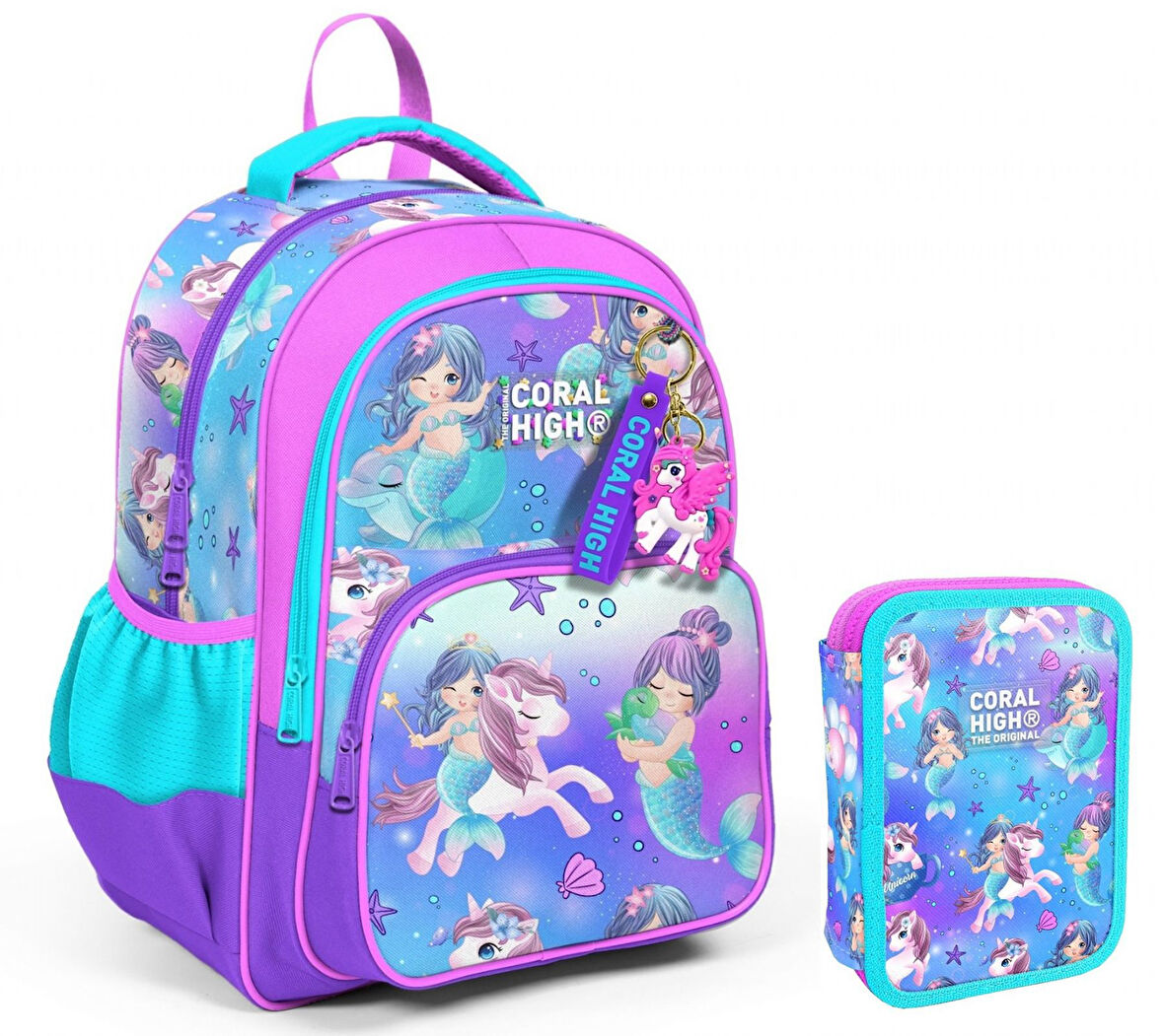 Coral High Turkuaz Unicorn Kız Çocuk Okul Çantası ve Organizer Kalemlik Seti
