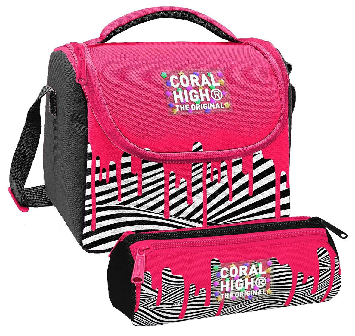 Coral High Kız Çocuk Pembe Siyah Beyaz Boya Desenli Thermo Beslenme Çantası ve Üç Bölmeli Kalemlik Seti