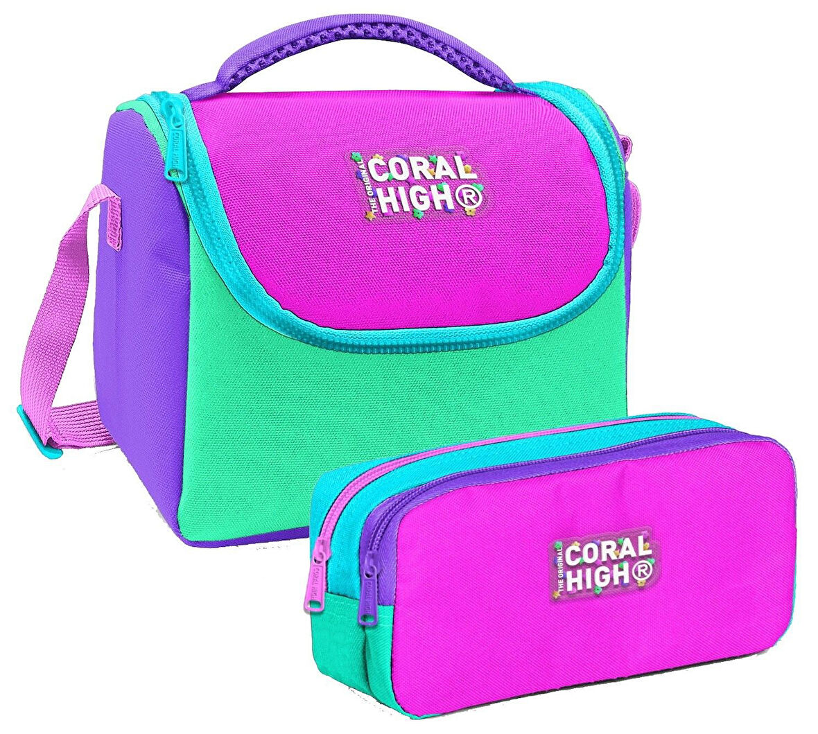 Coral High Kız Çocuk Pembe Yeşil Çok Renkli Thermo Beslenme Çantası ve İki Bölmeli Kalemlik Seti