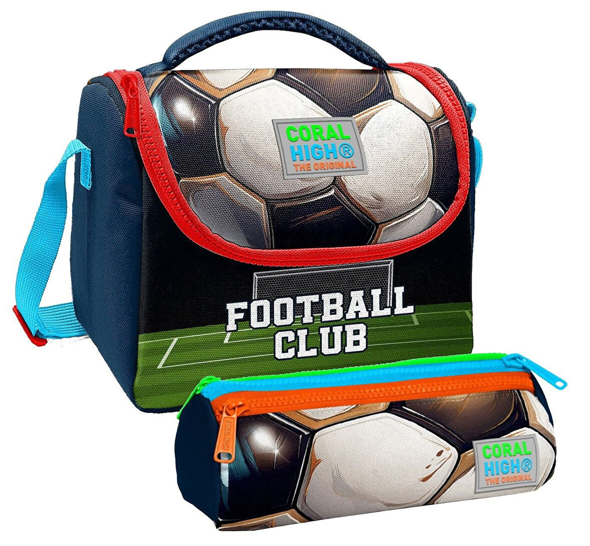 Coral High Erkek Çocuk Lacivert Yeşil Futbol Thermo Beslenme Çantası ve Üç Bölmeli Kalemlik Seti