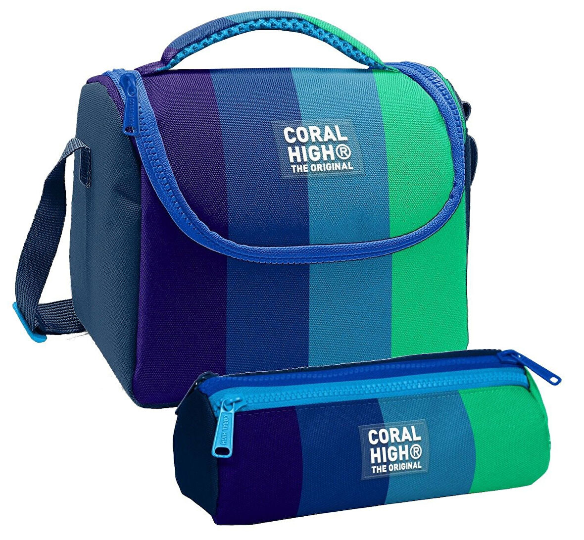Coral High Erkek Çocuk Lacivert Yeşil Renkli Çizgili Thermo Beslenme Çantası ve Üç Bölmeli Kalemlik Seti