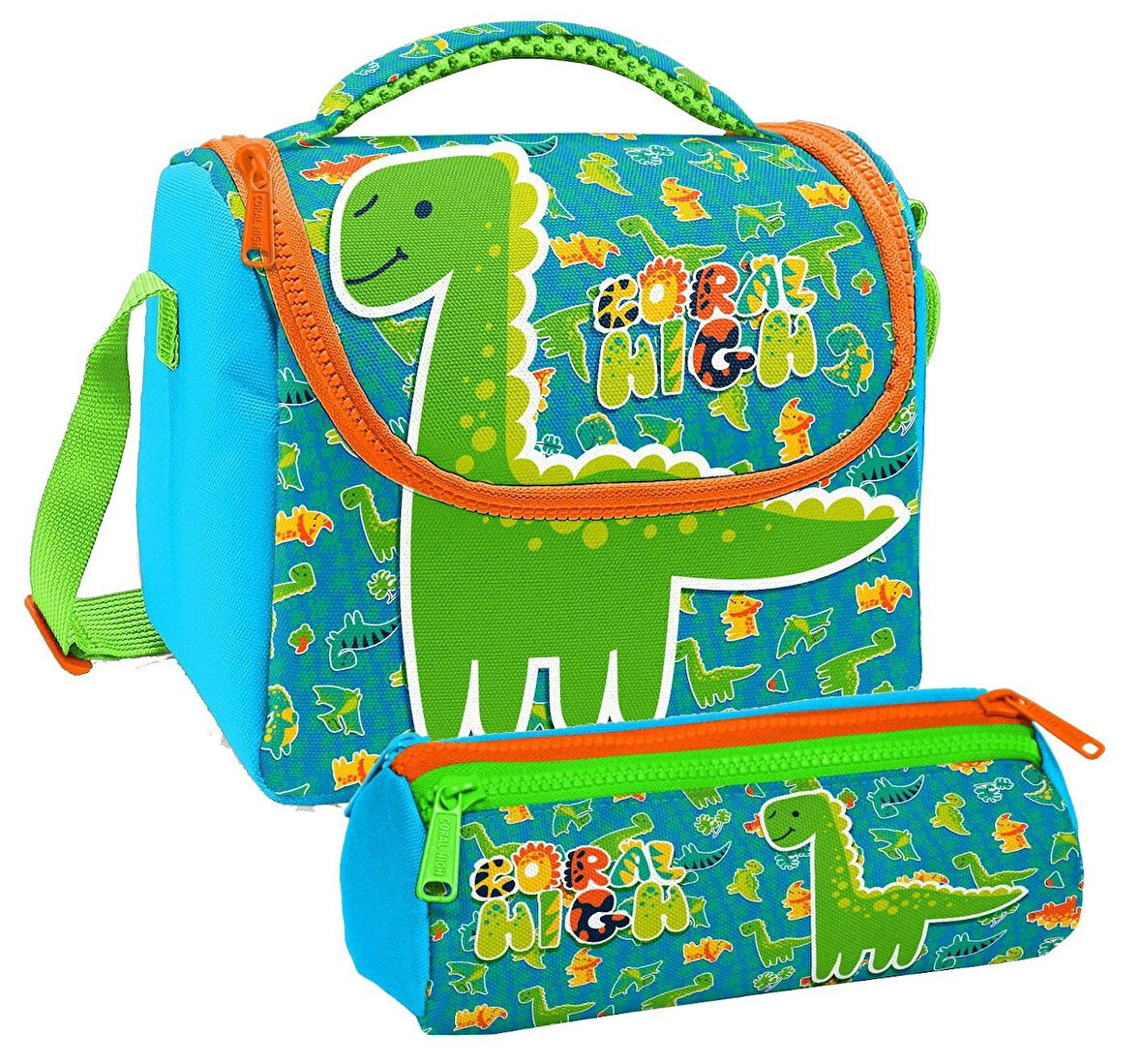 Coral High Erkek Çocuk Mavi Yeşil Dinazor Thermo Beslenme Çantası ve Üç Bölmeli Kalemlik Seti