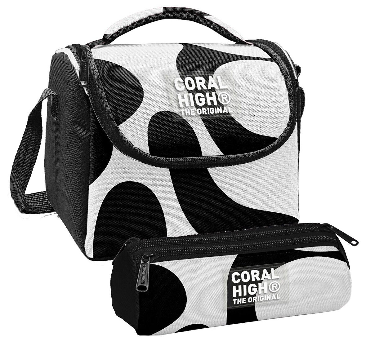 Coral High Erkek Çocuk Renkli Çizgili Siyah Beyaz Thermo Beslenme Çantası ve Üç Bölmeli Kalem Çantası Seti