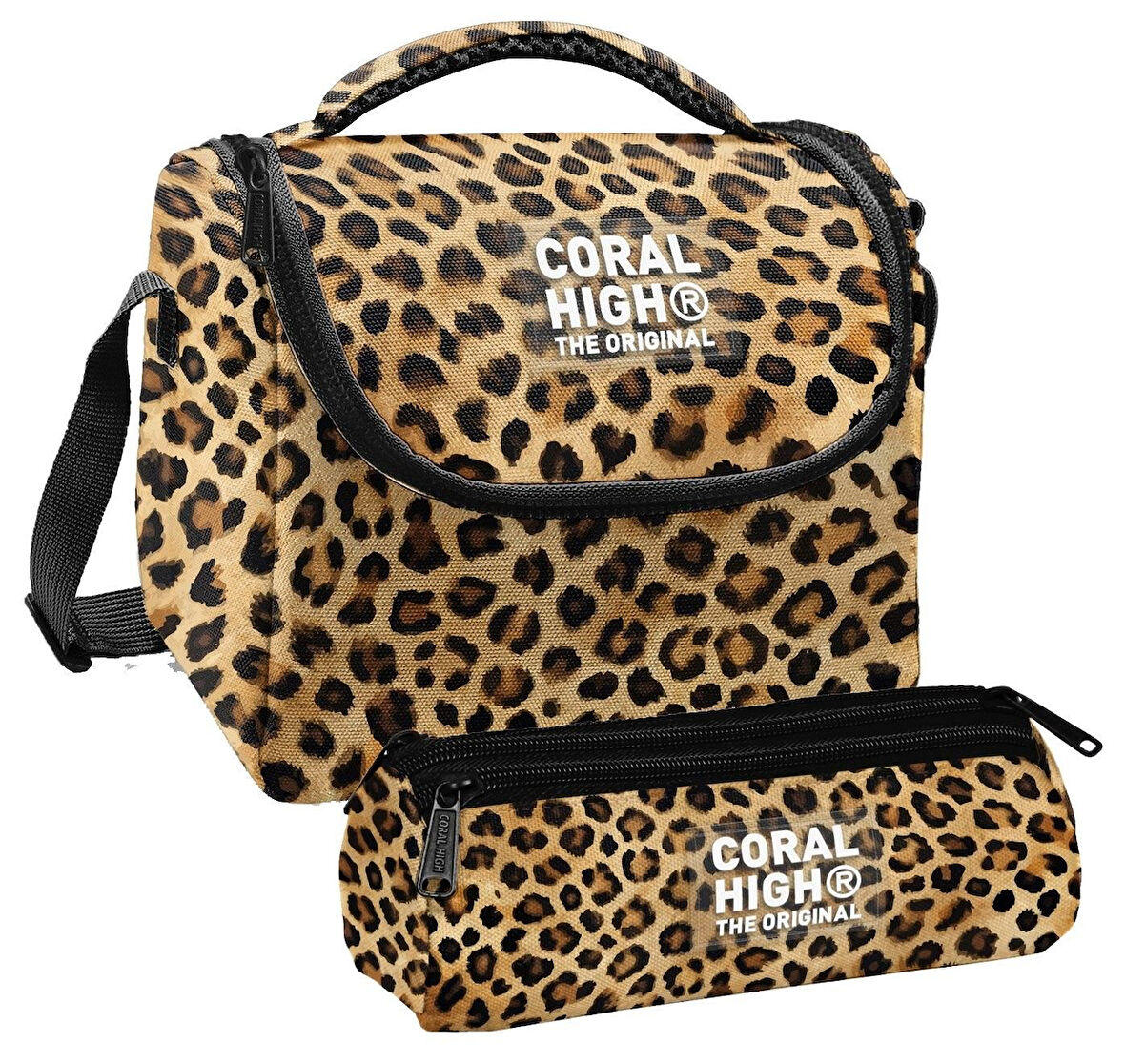 Coral High Kız Çocuk Kahverengi Leopar Thermo Beslenme Çantası ve Üç Bölmeli Kalem Çantası Seti