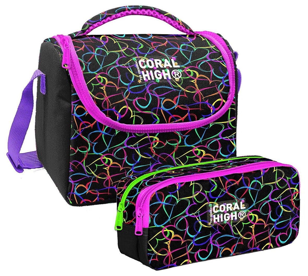 Coral High Kız Çocuk Kalp Baskılı Siyah Pembe Thermo Beslenme Çantası ve İki  Bölmeli Kalemlik Seti
