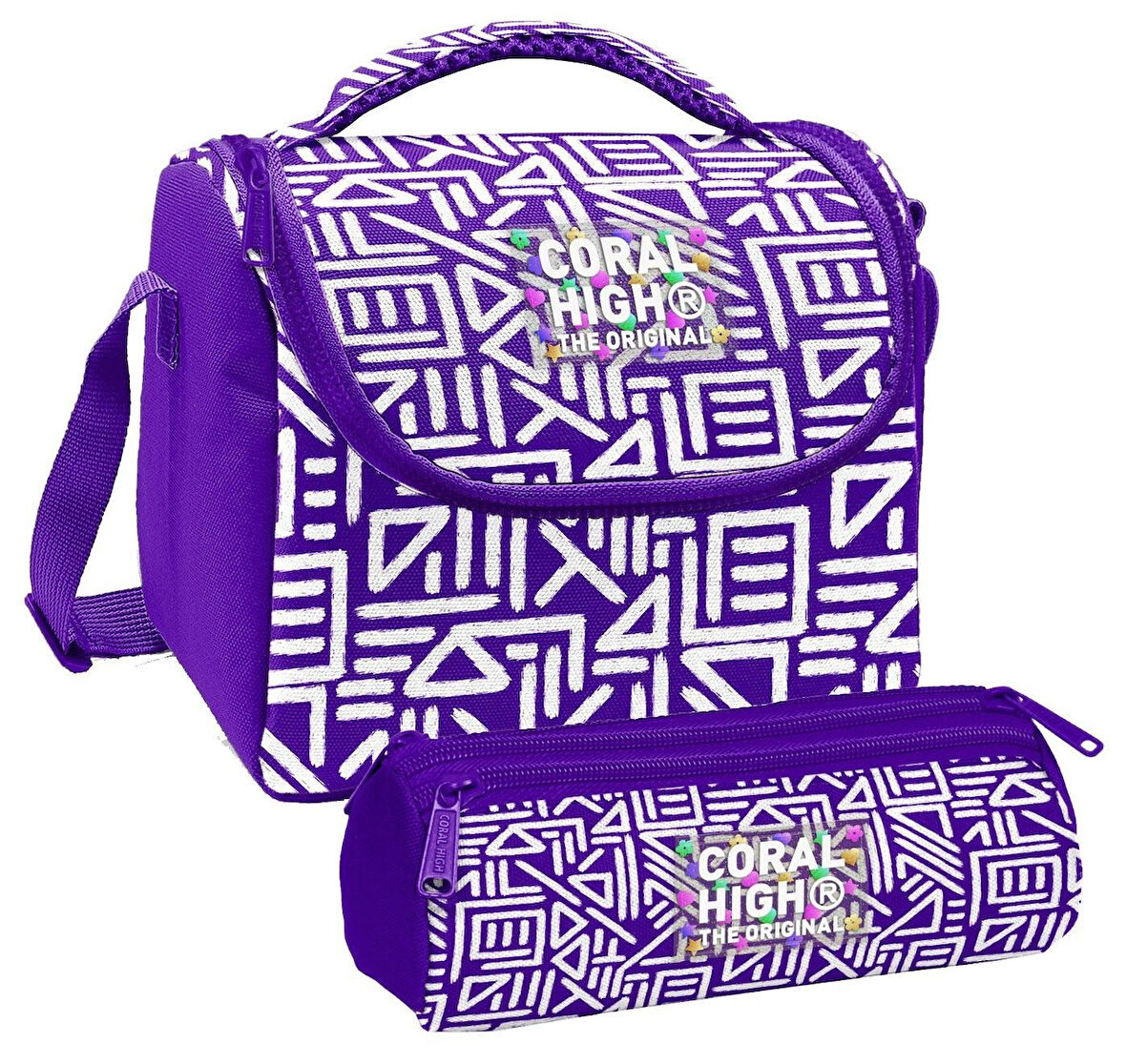 Coral High Kız Çocuk Mor Beyaz Geometrik Şekiller Thermo Beslenme Çantası ve Üç Bölmeli Kalem Çantası Seti