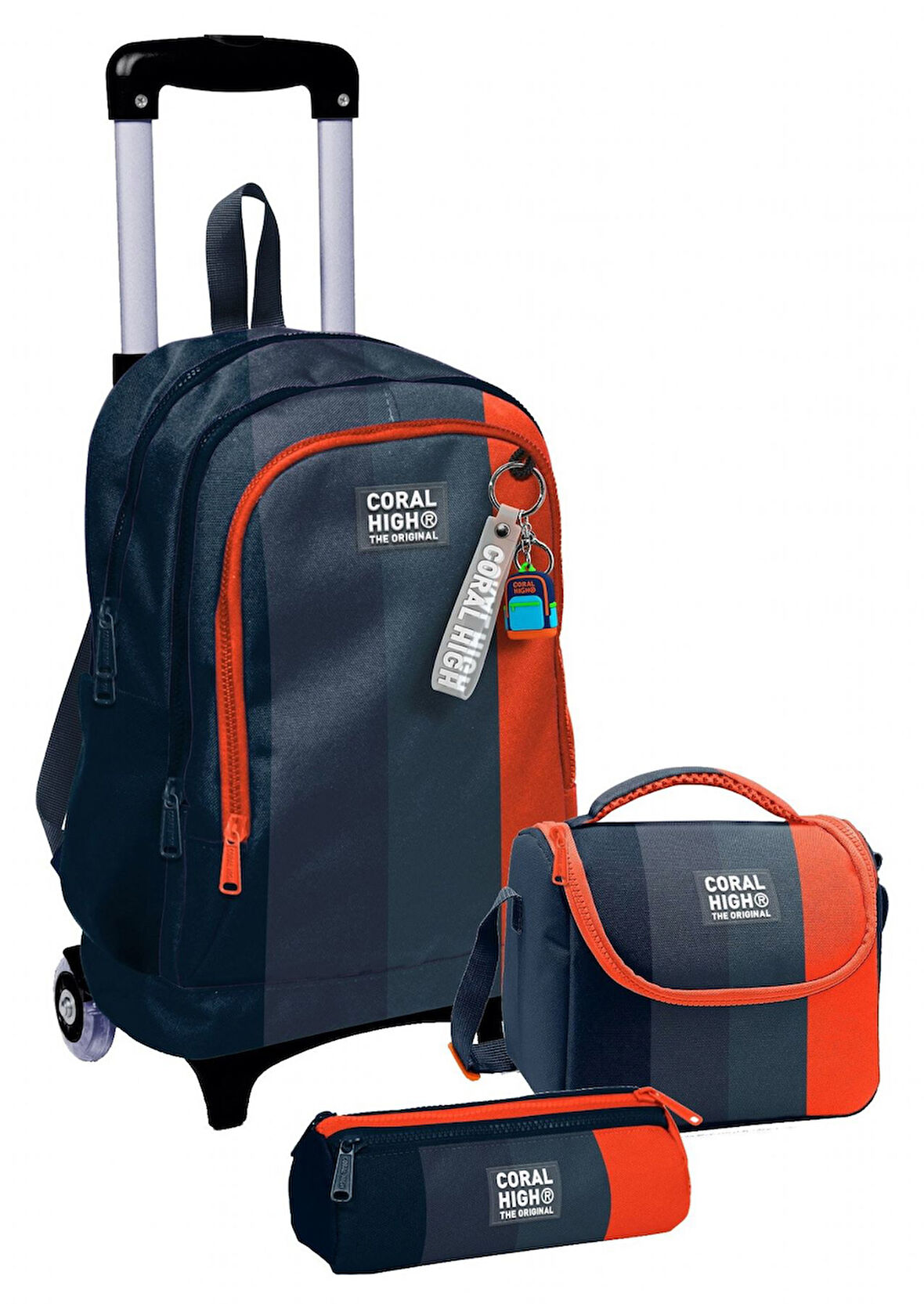 Coral High Çekçek Tekerlekli Erkek Çocuk, Siyah Turuncu Renkli Çizgili, İlkokul Üçlü Okul Çanta Seti
