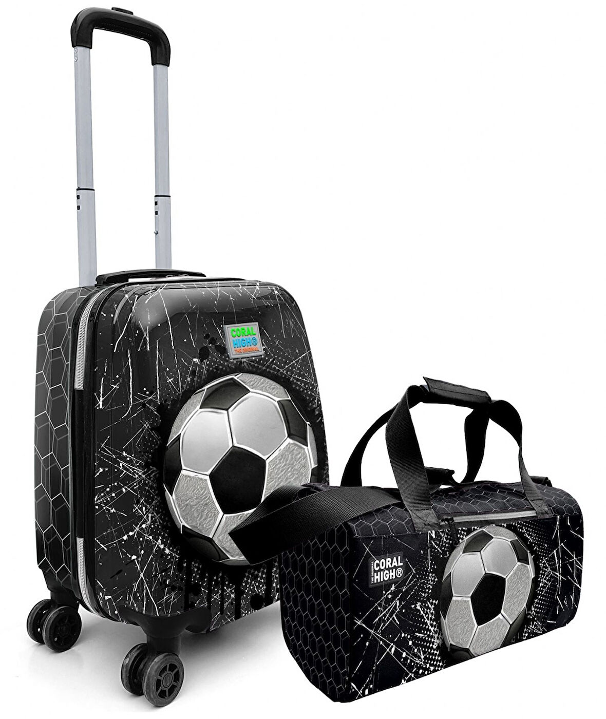 Coral High Erkek Çocuk Siyah Beyaz Futbol Desenli Çocuk Valizi ve Seyahat/Spor Çantası Seti