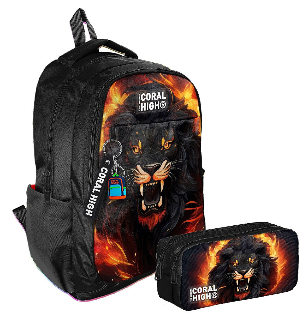 Coral High İlkokul/Ortaokul Sırt Çantası ve İki Bölmeli Kalemlik Seti - Erkek Çocuk - Siyah Kükreyen Aslan