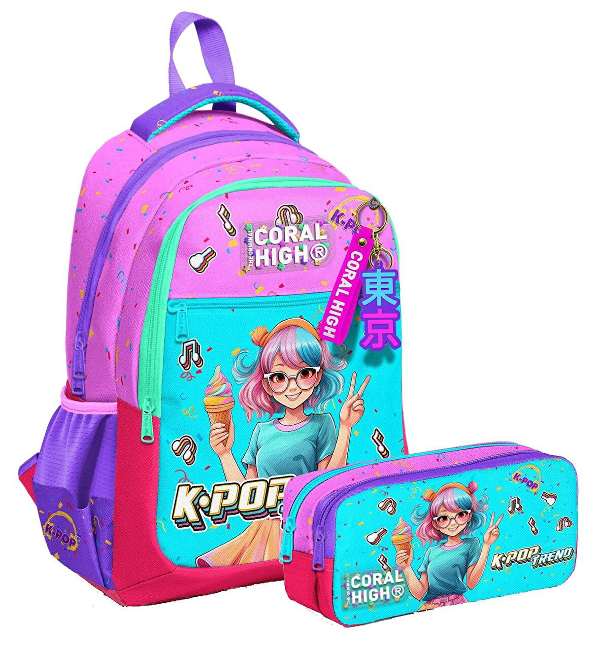 Coral High Üç Bölmeli İlkokul Sırt Çantası ve İki Bölmeli Kalemlik - Kız Çocuk - Pembe K-Pop Dondurmalı Kız