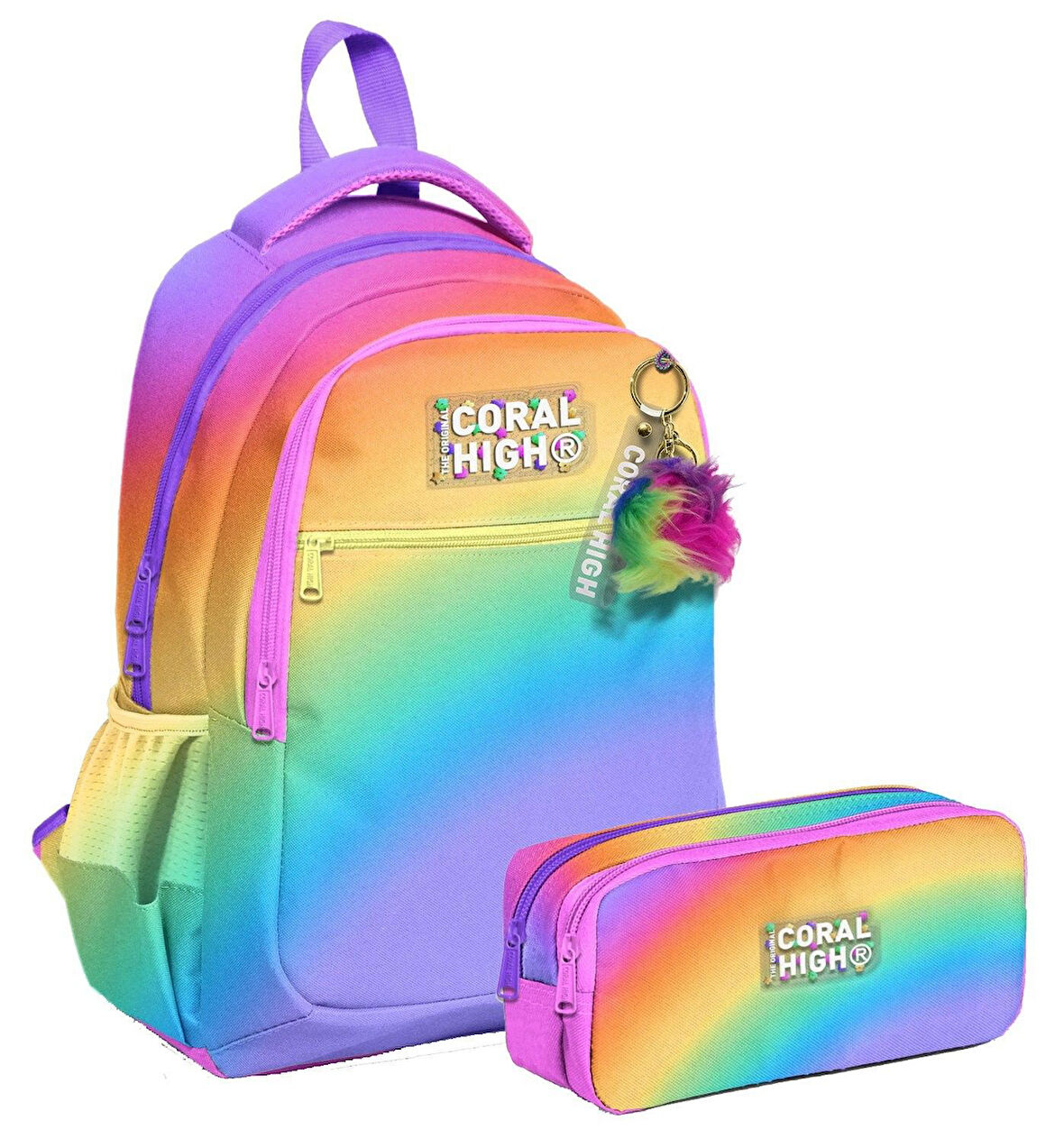 Coral High Üç Bölmeli İlkokul Sırt Çantası ve İki Bölmeli Kalemlik - Kız Çocuk - Çok Renkli Renk Geçişli Gradyan
