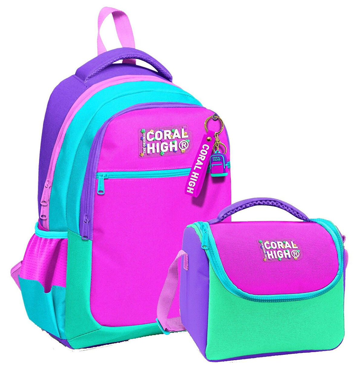 Coral HighKız Çocuklar İçin Üç Gözlü Pembe Yeşil Çok Renkli Okul Sırt Çantası ve Termal Beslenme Çantası