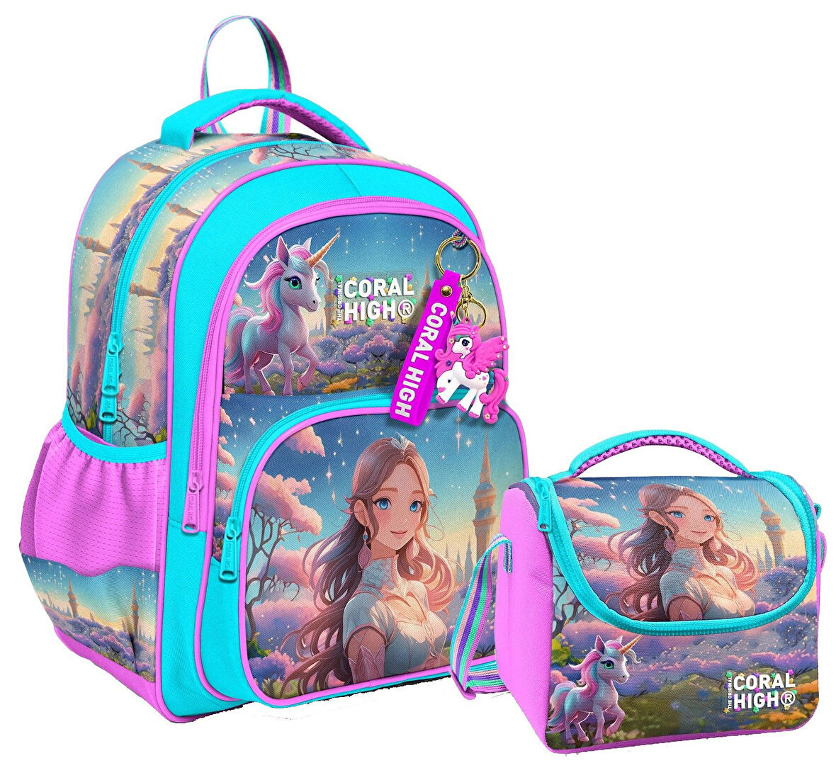 Coral High Kız Çocuklara Özel İlkokul Çantası ve Beslenme Çantası Takım - Turkuaz Pembe Anime Kız