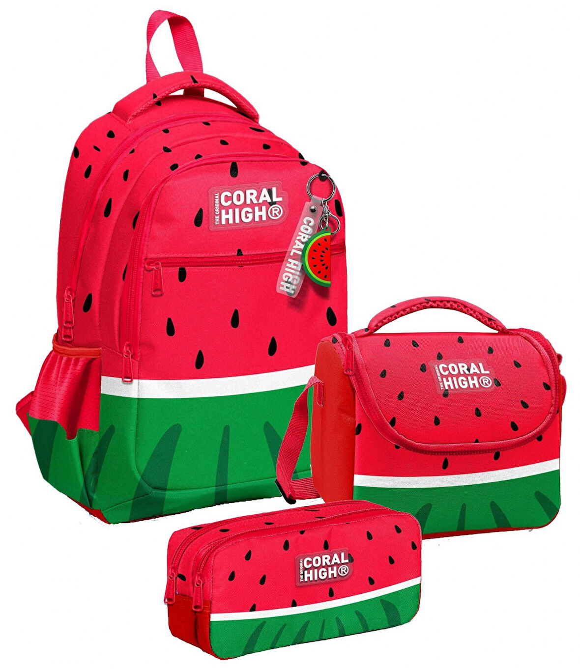 Coral High Üç Gözlü Kırmızı Yeşil Karpuz, Erkek Çocuk, İlkokul Üçlü Okul Çanta Seti