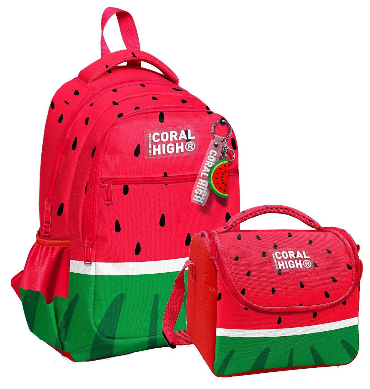 Coral HighErkek Çocuklar İçin Üç Gözlü Kırmızı Yeşil Karpuz Okul Sırt Çantası ve Termal Beslenme Çantası