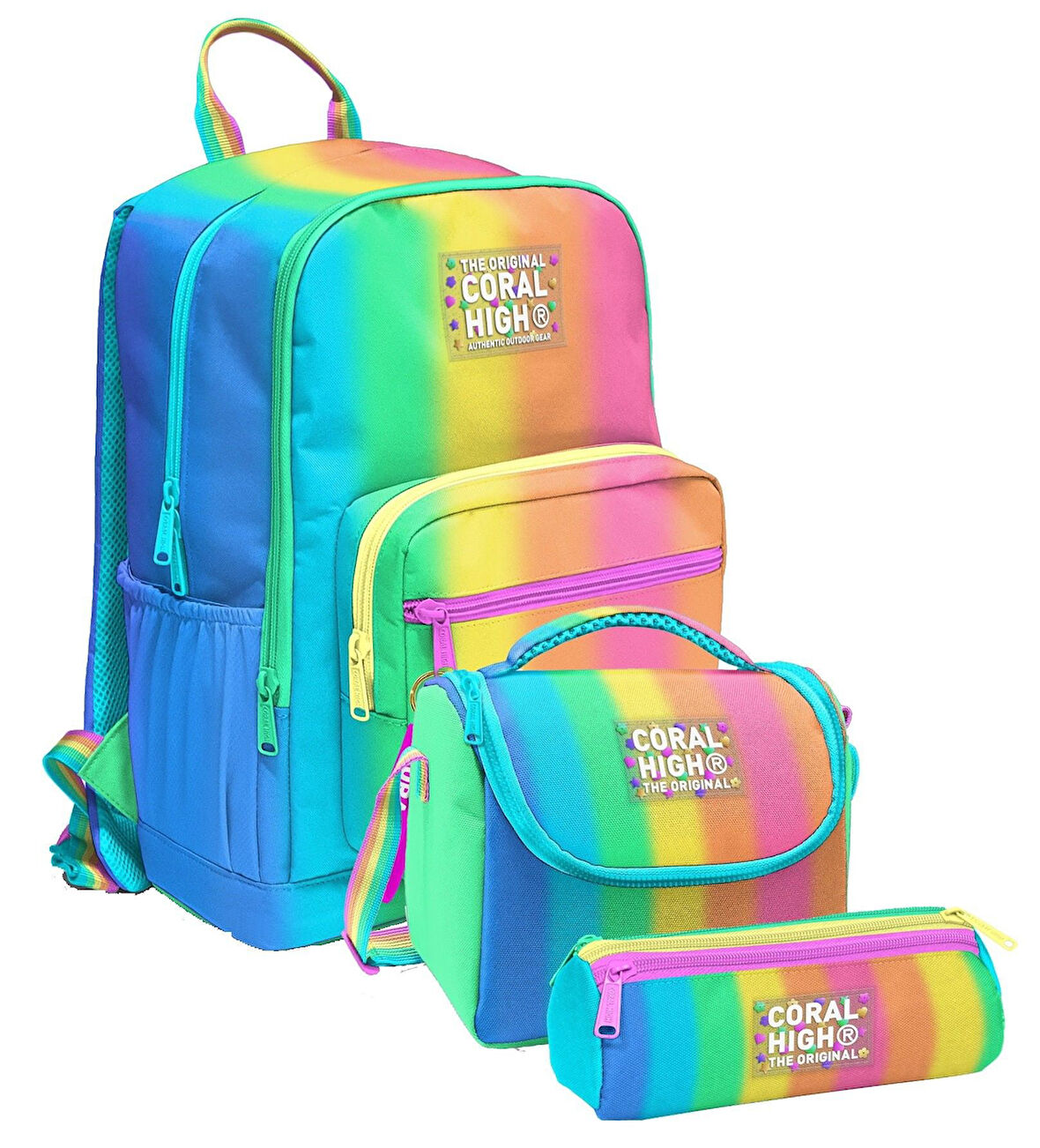 Coral High İlkokul ve Ortaokul Okul Çanta Üçlüsü - Kız Çocuk, Renkli Çizgili Mavi Turuncu
