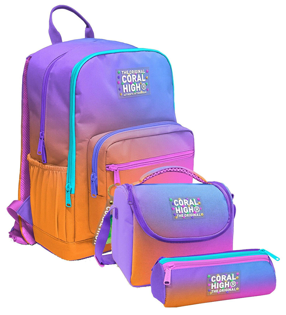 Coral High İlkokul ve Ortaokul Okul Çanta Üçlüsü - Kız Çocuk, Turuncu Mor Renk Geçişli