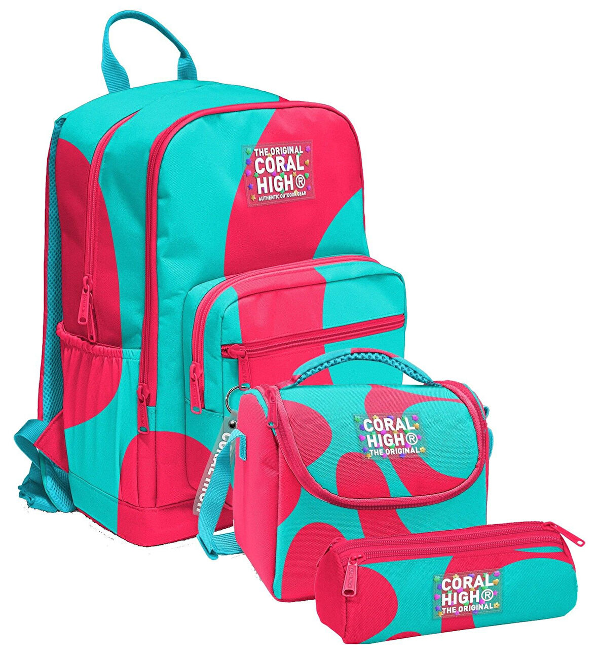 Coral High İlkokul ve Ortaokul Okul Çanta Üçlüsü - Kız Çocuk, Kırmızı Turkuaz Renkli Çizgili